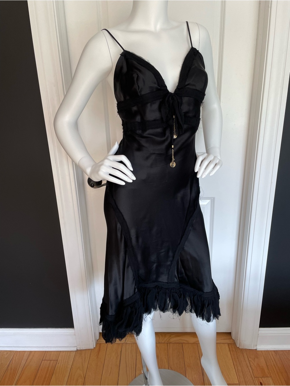 ROBERTO CAVALLI S/S 2004 Vintage Corset Black Silk Ruffle Midi Slip Dress S - Picture 2 of 11